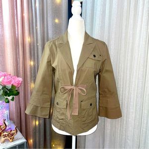 G.I.L.I. Brown Khaki Tie Front 3/4 Bell Sleeve Utility Blazer Jacket